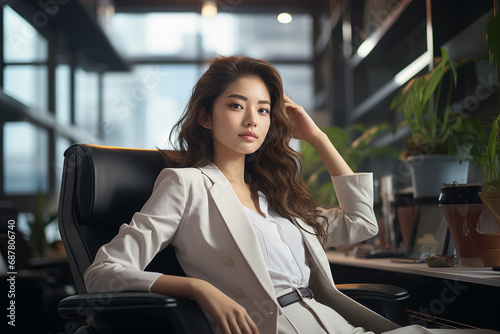 Portrait of young successful businesswoman sitting in modern office while looking at camera