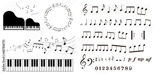 音符、休符、音楽記号のイラストセット 五線譜のフレームイラスト ピアノ 鍵盤