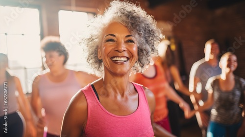 Middle-aged women enjoying a joyful dance class  candidly expressing their active lifestyle through Zumba with friends