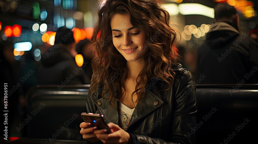 A young beautiful woman looks at her smartphone and laughs and smiles in a car transport A young beautiful woman looks at her smartphone and laughs and smiles in a car transport