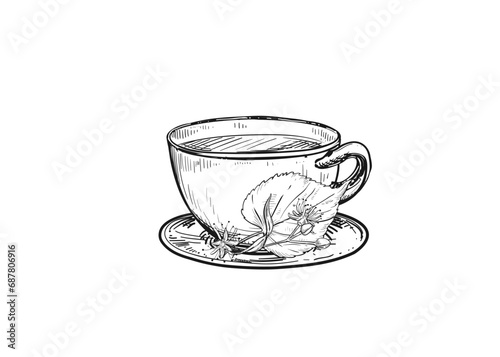 Hand drawn sketch black and white illustration cup of tea linden, leaf, flowers. Vector illustration. Elements in graphic style label, sticker, menu, package. Engraved style.