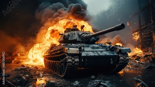 Large combat military tank and explosions during combat operations in the war, the tank explodes and shoots