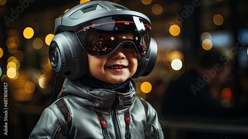 Small child boy smiling wearing astronaut or airplane pilot helmet © Aliaksandra