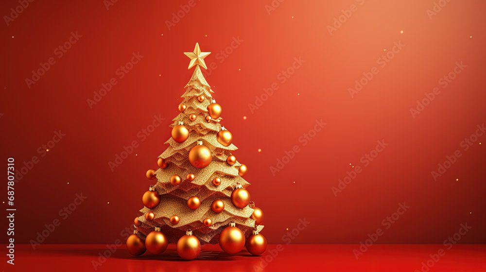 Christmas tree card template with red background. Xmas winter holidays card with fir and golden balls.