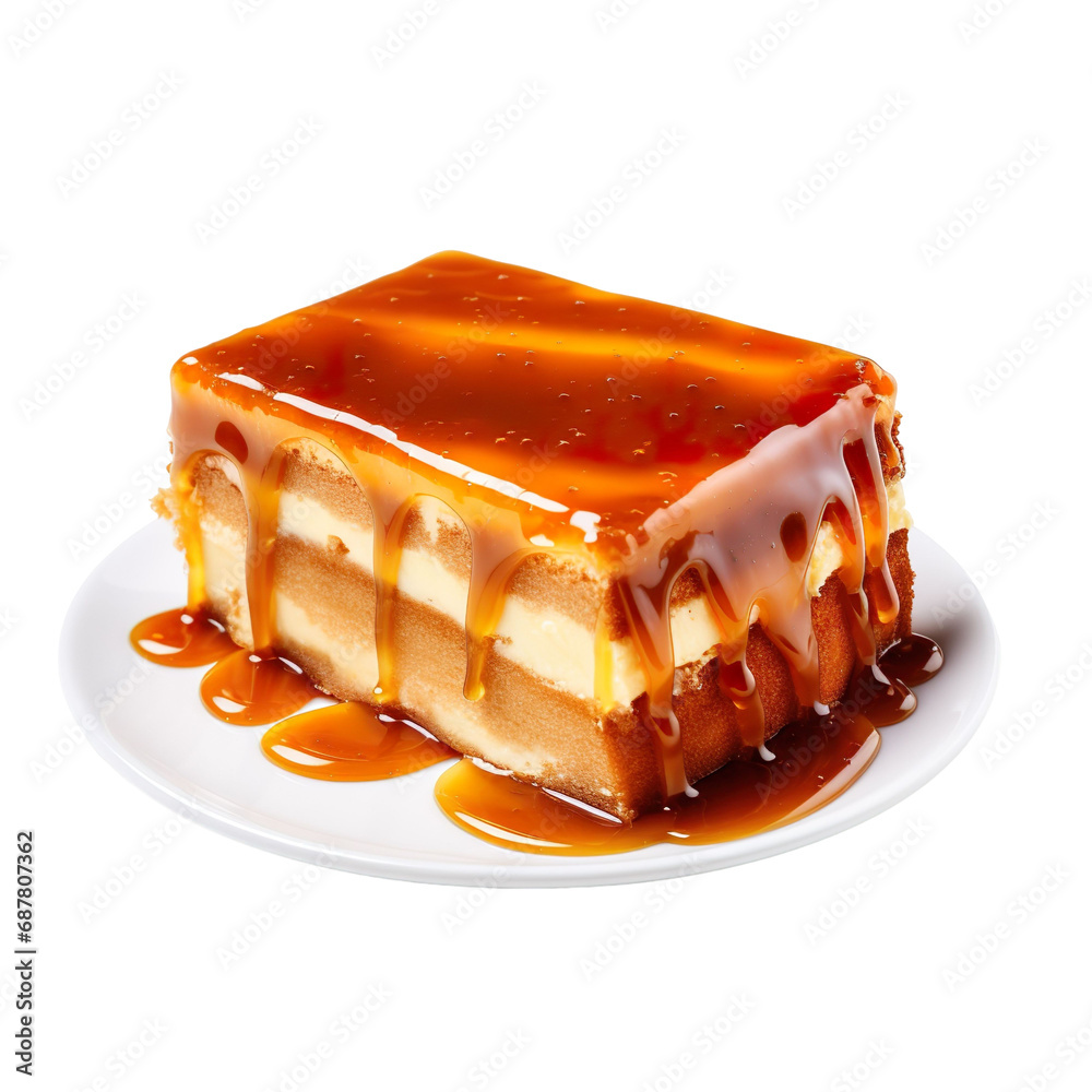 Angled view of a scrumptious cake slice covered in caramel drizzle isolated on a white background Angled view of a scrumptious cake slice covered in caramel drizzle isolated on a white background