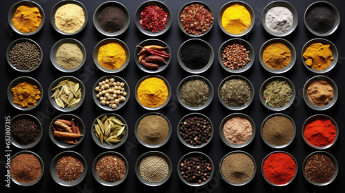Various spices in a bowl on a black background. Top view.