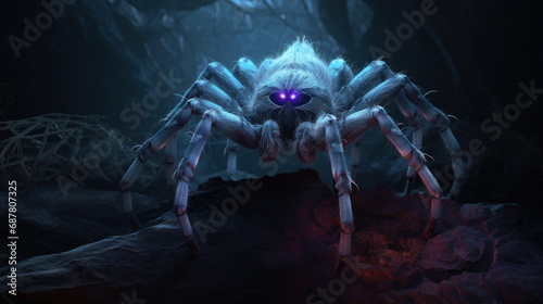 A spider in the dark with a purple eye