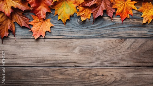 Autumn leaves on wooden background with copy space. Top view