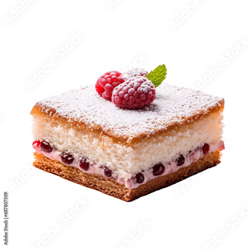 Angled view of a scrumptious cake slice dusted with powdered sugar, isolated on a white background