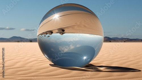 Glass ball relect desert landscape view on earth