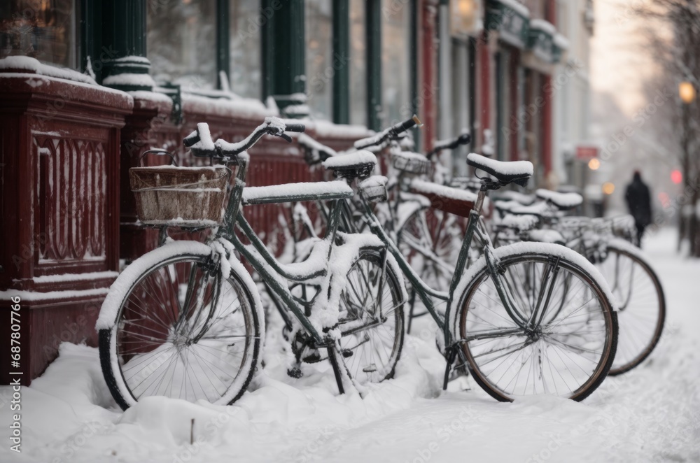Snow Covered Bicycles on a City Sidewalk