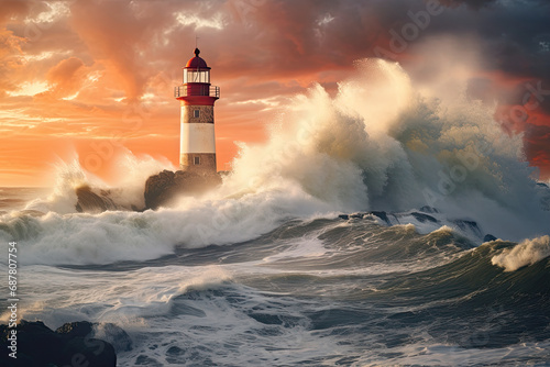 Lighthouse on the coast facing strong waves © grey