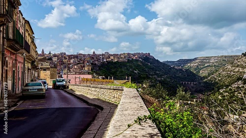 Mountainous Village With View Of Valley And Vidauct In Ragusa, Sicily, Italy. timelapse photo