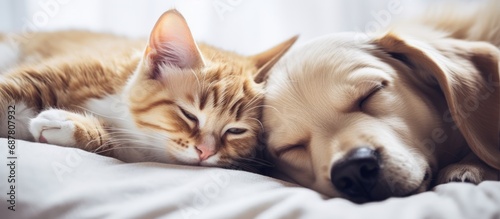 Cat and puppy sleep on cozy bed.