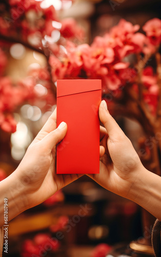 Hand holding Hongbao on Chinese new year traditional background