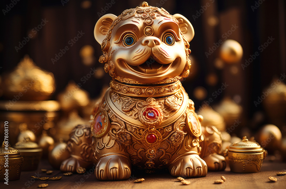 Obraz premium Chinese Zodiac sign dog made of gold among gold treasures