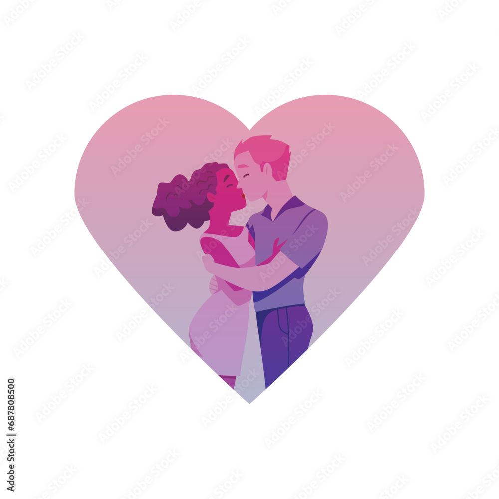Two enamored lovers hugging and kissing, flirting, vector cartoon romantic romantic young couple in heart