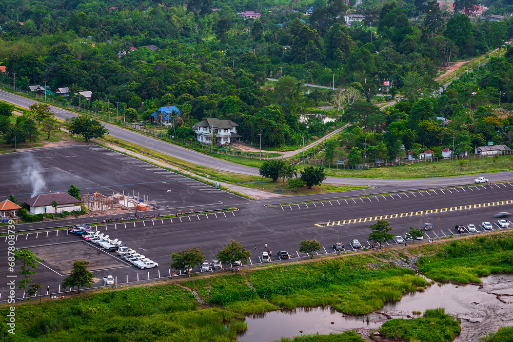 An aerial view of the road and parking lot.