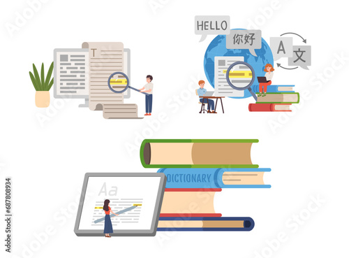 Translator and translation service concept, computer technologies, dictionary books, magnifying glass, people vector set