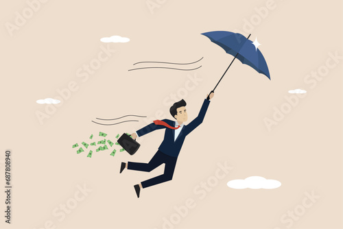 Successful businessman becomes rich, office worker achieves financial independence, happy rich businessman flying with his umbrella holding briefcase with banknotes.