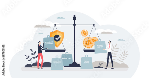 Finance planning or financial risk tolerance management tiny person concept, transparent background.Compare money investment safety with economic issues illustration.