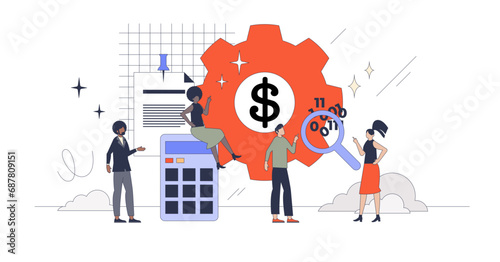Financial analysis and planning for company profit retro tiny person concept, transparent background. Market calculation with investment margin, expenses or company revenue illustration.