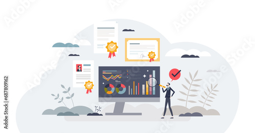 HR performance management and employee efficiency control tiny person concept, transparent background. Human resources monitoring with sales and profit statistics review illustration.