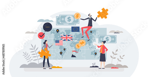 Global business and international partner cooperation tiny person concept, transparent background. Worldwide connections and network for logistics or trade illustration.