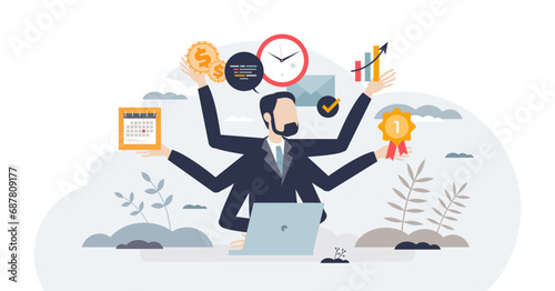 Overemployment as multiple jobs and overworked struggle tiny person concept, transparent background. Stress from unhealthy balance and time management illustration.