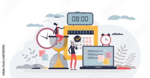 Time management for effective and productive work plan tiny person concept, transparent background. Project organization and business efficiency illustration. Daily schedule and agenda.