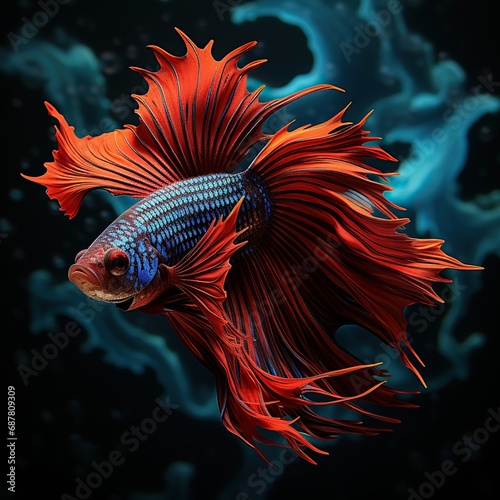 Photo. of a colorful Red Crowntail Betta Fish on a dark