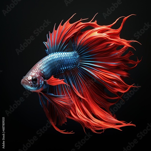 Photo. of a colorful Red Crowntail Betta Fish on a dark