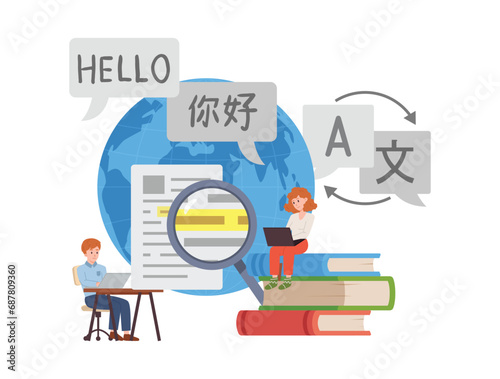 Translator and translation service vector concept, computer technologies, dictionary books, magnifying glass, education
