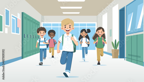 Children running in school hallway vector illustration