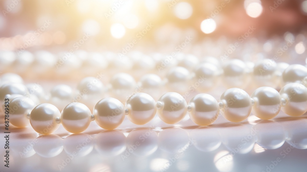 Nature white string of pearls on marble background in soft focus, with highlights. Nature white string of pearls on marble background in soft focus, with highlights.