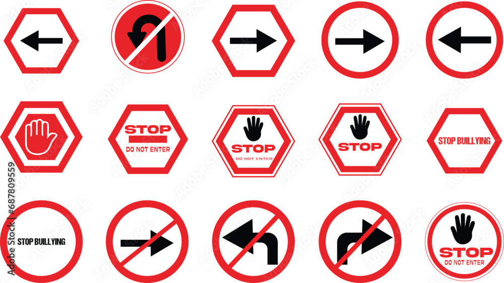 Stop red sign set with arrow , pills, sound, music, prohibited icon circle symbol. Stop red sign set with arrow , pills, sound, music, prohibited icon circle symbol.