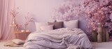 2023's trendy boho bedroom features a pastel bed with lilac and pink gypsophila flowers, vintage retro loft decor.