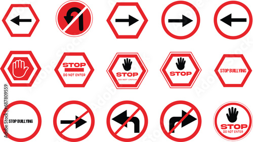 Stop red sign set with arrow , pills, sound, music, prohibited icon circle symbol.
