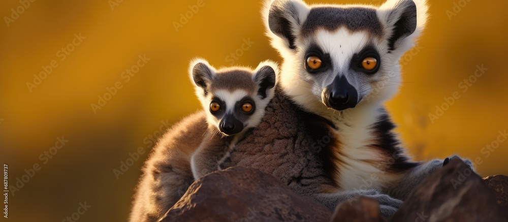 Obraz premium Endangered lemur with baby on back, Stone in Madagascar reserve.