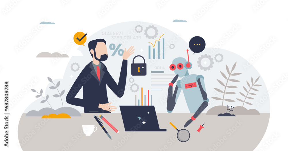 AI collaboration and artificial intelligence for business tiny person concept, transparent background. Financial advice, calculations or consulting robot as support for businessman illustration.
