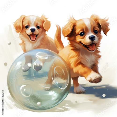 Playful puppies chasing a ball isolate on white