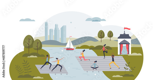 Wellness and mindfulness trend for mind and body balance tiny person concept, transparent background. Relaxation and mental peace with yoga, meditation or physical activities illustration.