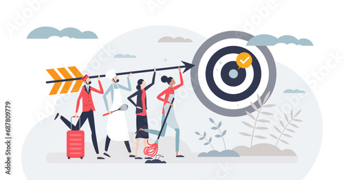 Goals and targets success from various occupations tiny person concept, transparent background. Multidisciplinary accomplishment with hard effort, precise objectives and perfection illustration.