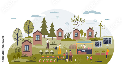 Self sufficient community with green lifestyle practices tiny person concept, transparent background. Ecological local food growing and alternative energy consumption illustration. Eco home district. photo