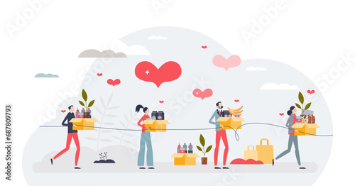 Charity chain reaction and volunteer care crowd effect tiny person concept, transparent background. Humanitarian community with empathy, solidarity and love care illustration.