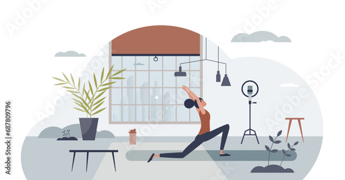 Yoga meditation practices online and stretching exercises tiny person concept, transparent background. Distant activity streaming with fitness training video illustration.