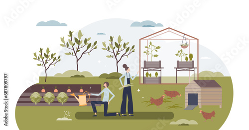 Backyard homesteading to grow you own ecological food tiny person concept, transparent background. Organic vegetables and chicken growing as sustainable and nature friendly lifestyle illustration.