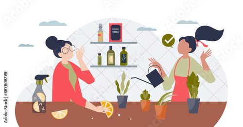 Organic home cleaning with bio household products tiny person concept, transparent background. Housekeeping spray or detergent with natural ingredients illustration. Healthy ecological washing.
