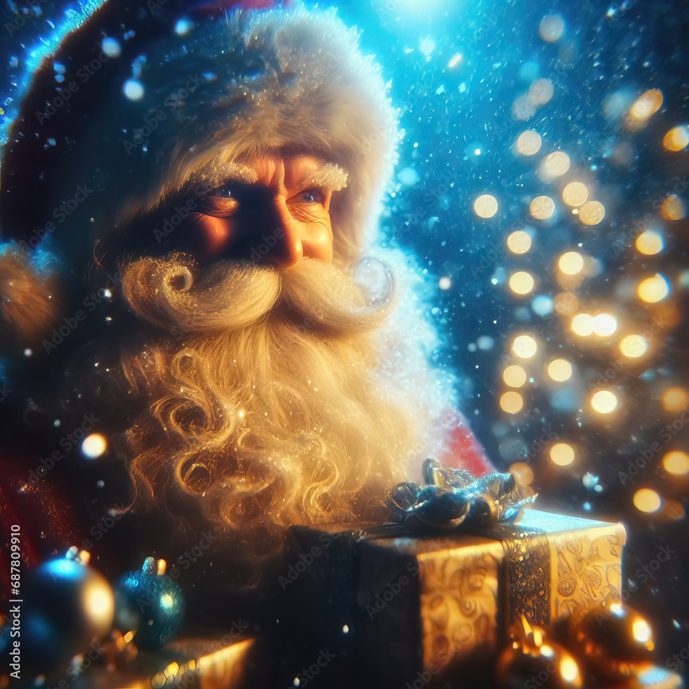 Santa Claus portrait with gifts on a festive background Santa Claus portrait with gifts on a festive background