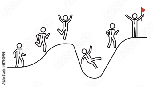 Pictogram human figure, set of poses of a businessman wearing a tie on his way to success, line width variable photo